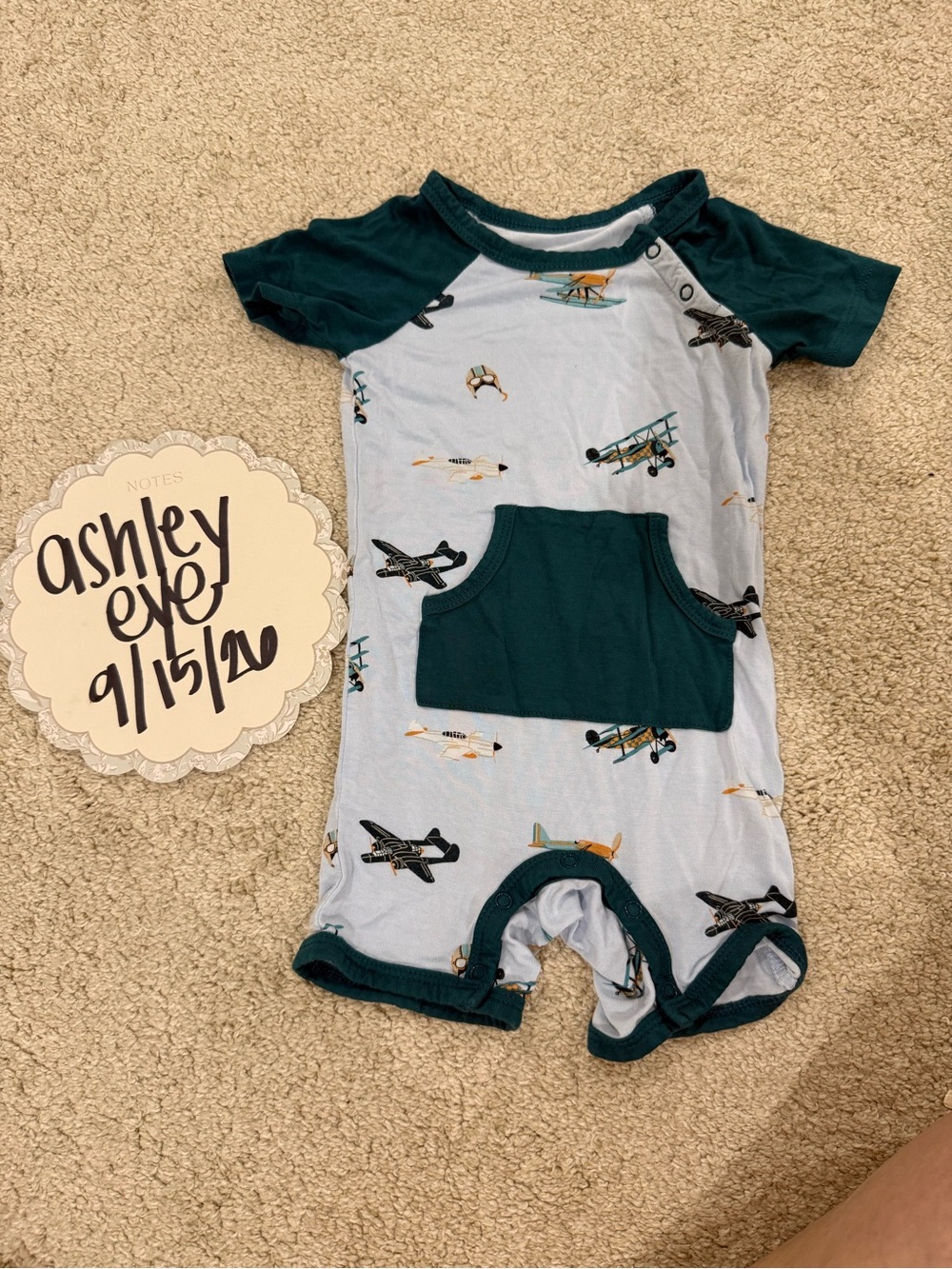 Kyte BABY Light Blue Airplane Romper with Teal Trim